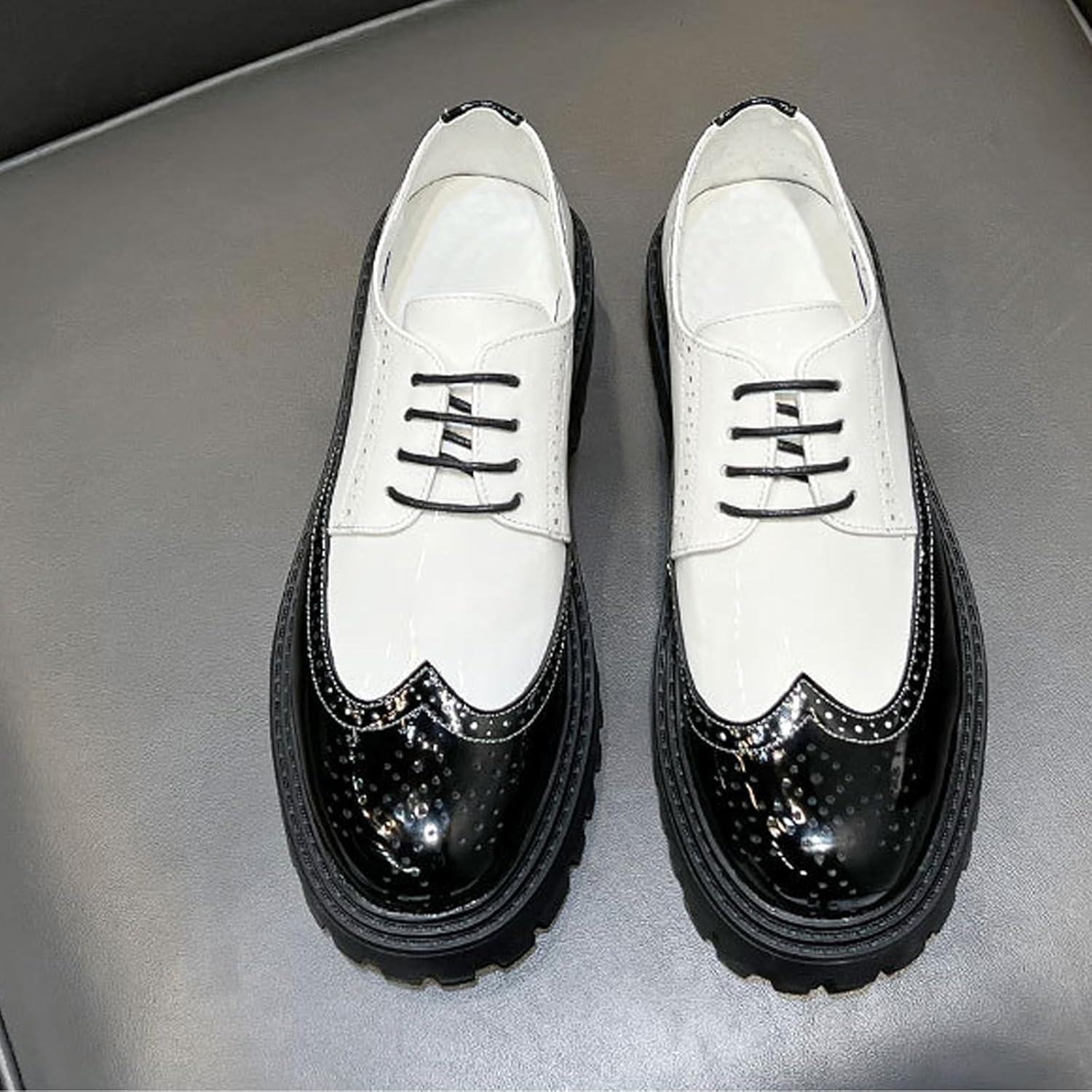 Men's Leather Lace up Platform Brogue Formal Oxford Shoes,Retro Lace up Color Matching Perforation Comfortable Round Toe Outdoor Party Wedding Night Club Height Increasing Loafers - Image 5