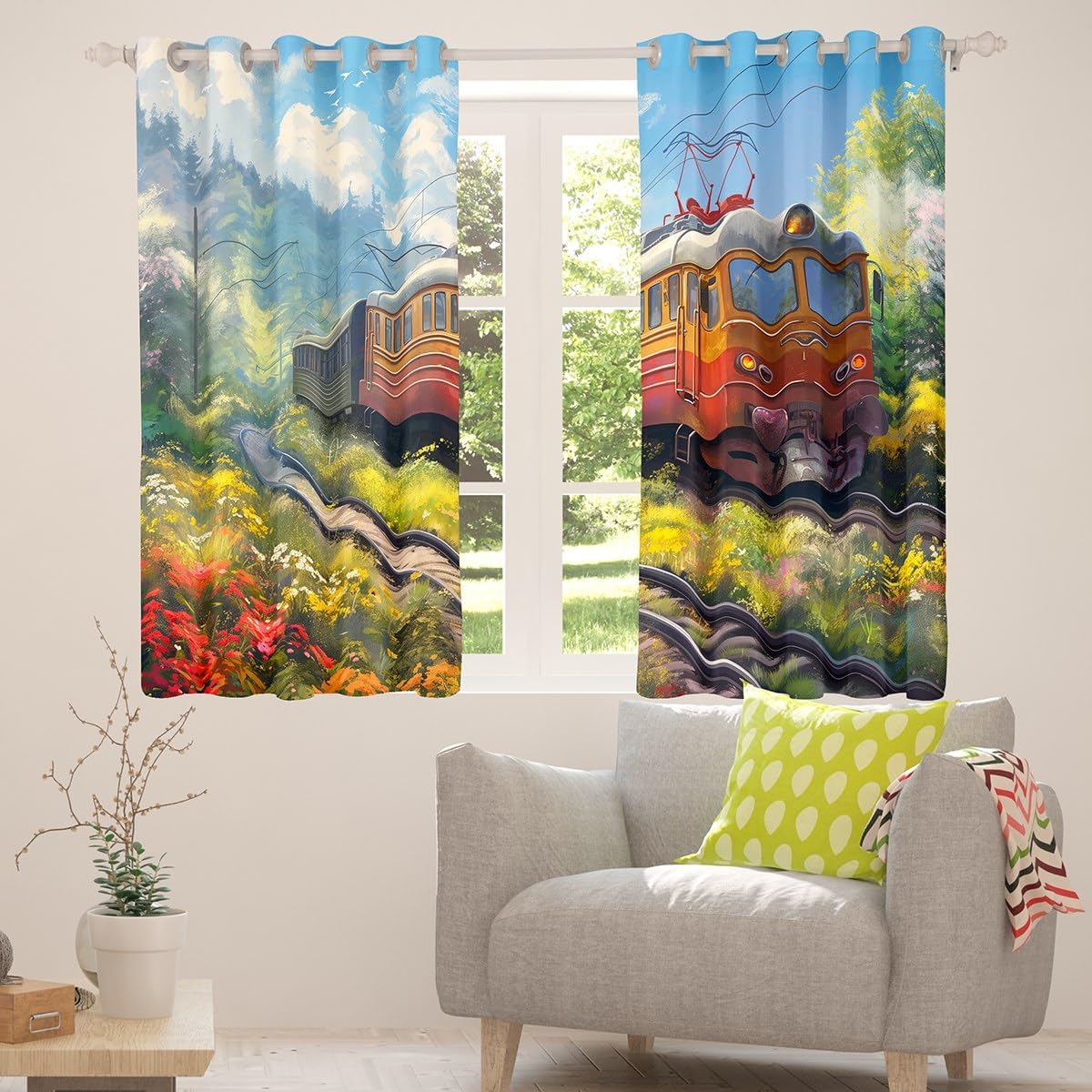 Erosebridal Watercolor Train Curtains Steam Engine Blackout Curtains 84x90 Oil Painting Living Room Curtains Rainbow Botanical Floral Window Curtains Hand Drawn Car Theme Room Décor for Kids Boys