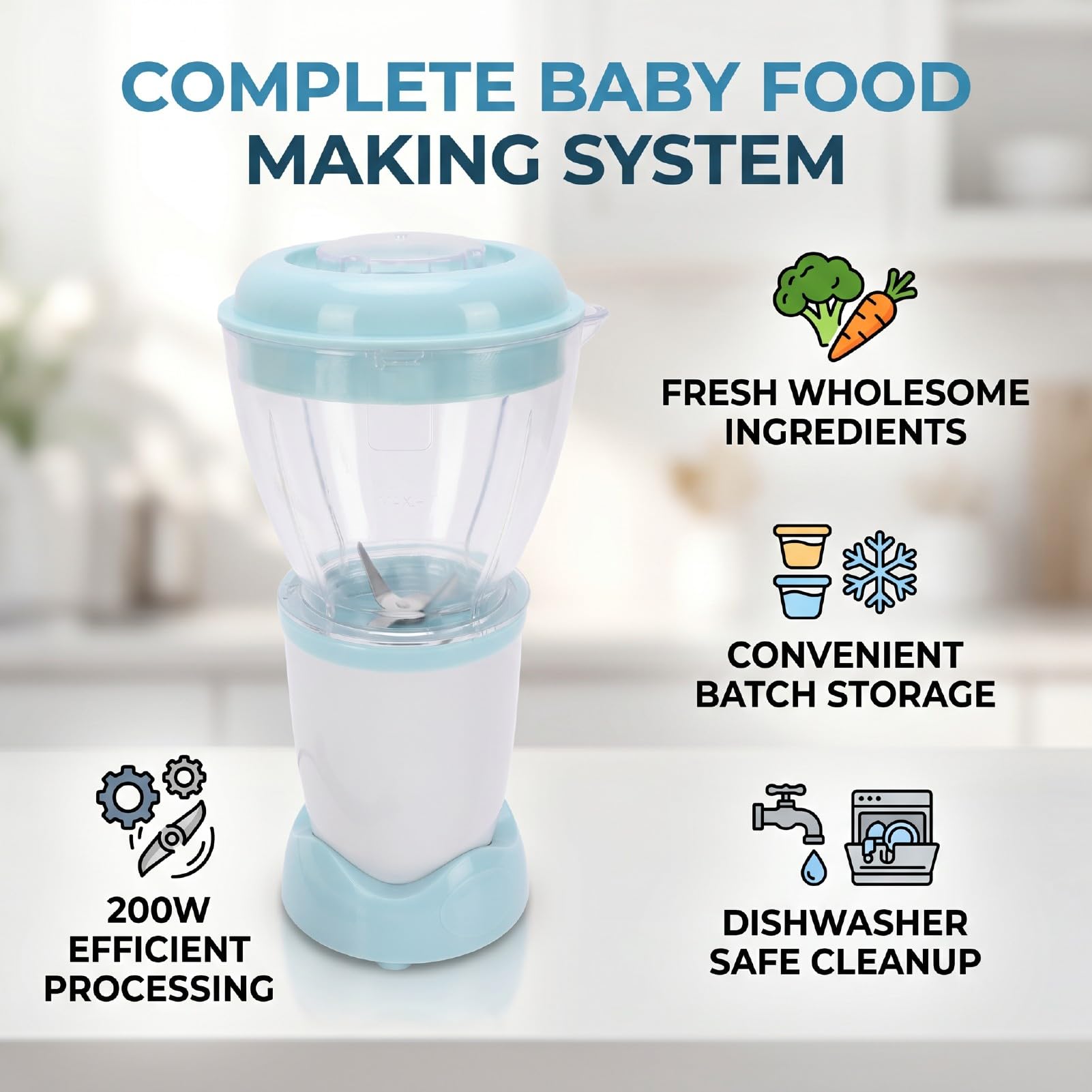 Fockety Procesador alimentos para bebés, apto para lavavajillas, azul claro (Enchufe de la UE 220-240v)