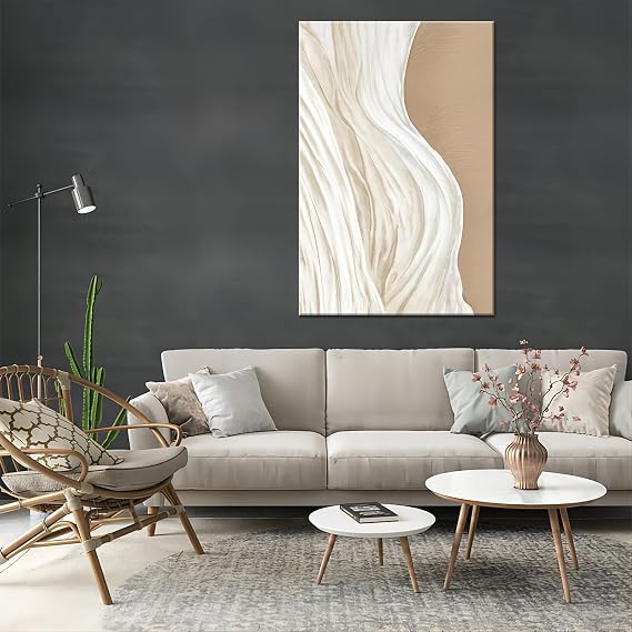 Neutral Abstract Canvas Painting, Beige and White Modern Wabi-sabi Style Poster, Art Print, Wall Art, Living Room Decoration (Framed,1624 inch)