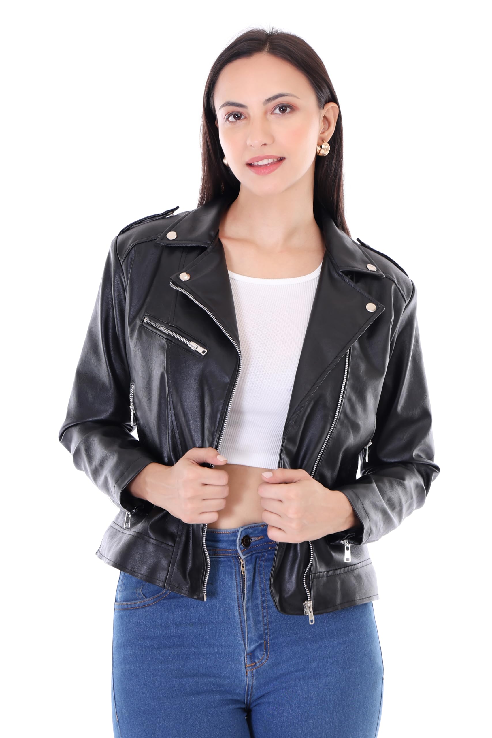 del jonnes Women Faux Leather Biker Jacket with Lapel Collar-picture-33