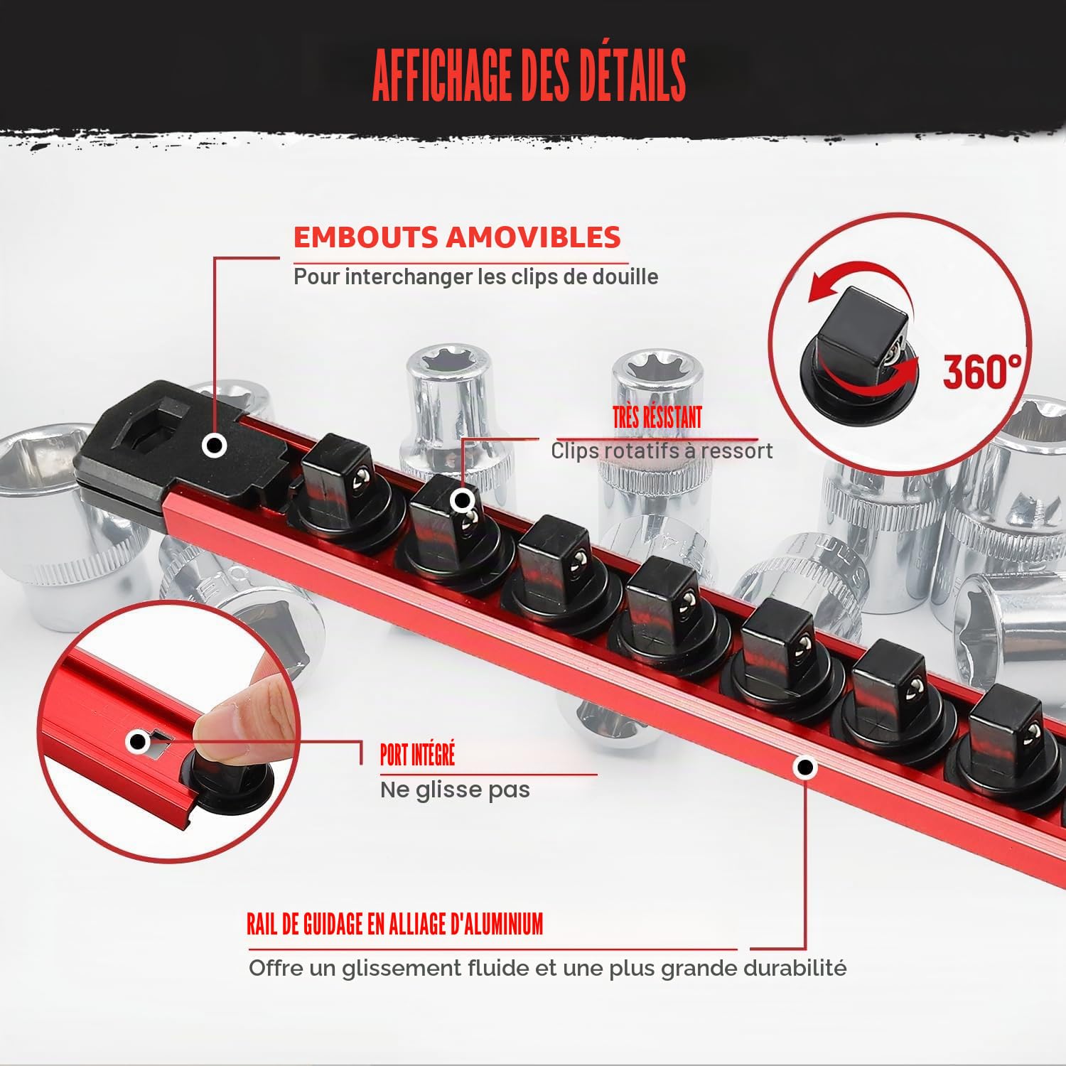 ACEBON Rail Porte-Douilles Magnétique 1/2" Lot de 3, Organisateur de Douilles en Aluminium Rouge avec 36 Clips Noirs, Support de Douilles pour Servante d’Atelier, Garage et Panneau Mural