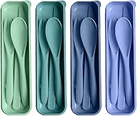 HMDZMR Reusable Wheat Straw Travel Utensils Set with Case - 4 Color-Coded Forks Spoons Knives for Camping Lunch Box