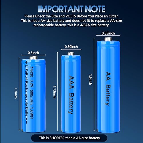 14430 LiFePo4 3.2v Rechargeable Batteries, 500mAh for Outdoor Solar Garden Lights, Tooth Brush, Shaver, Flashlight (8 Pack)(8 Pack)