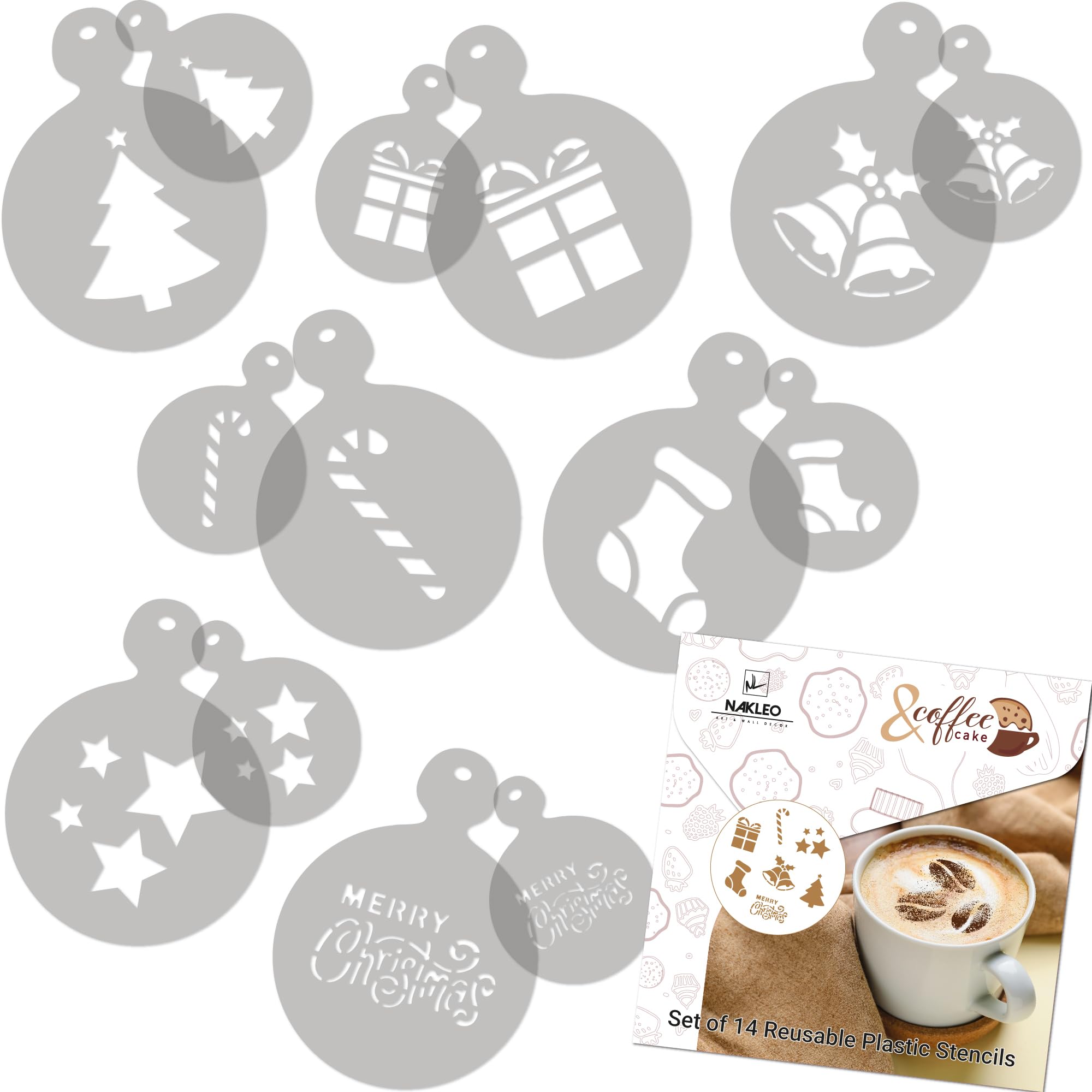 NAKLEO Coffee Stencils and Cookies Decoration 14Pcs 7x7 and 11x11cm, Reusable Plastic Baking Templates
