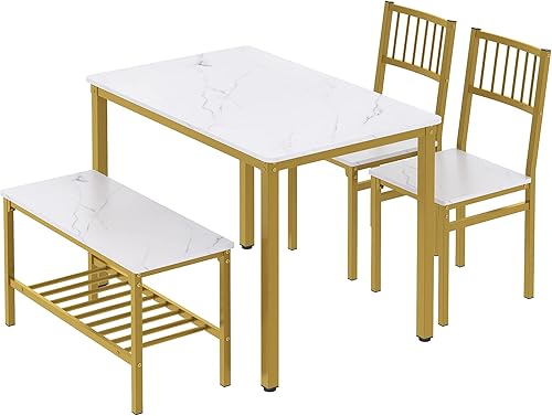 Teraves Juego de mesa de comedor para 4/escritorio de computadora, mesa de cocina con 2 sillas y un banco, juego de mesa y sillas de comedor 4 Picce