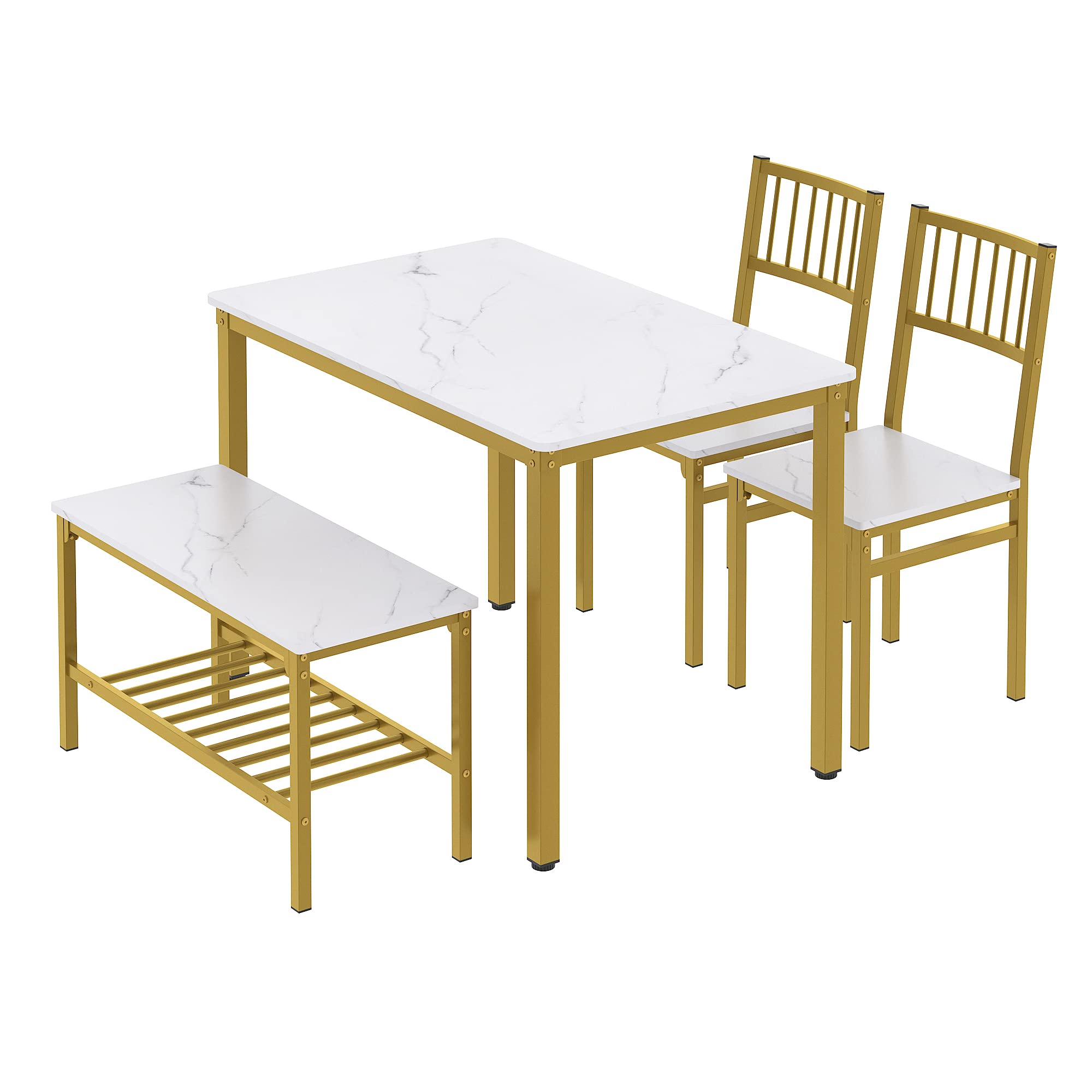 Teraves Dining Table Set for 4/Computer Desk,Kitchen Table with 2 Chairs and a Bench,Table and Chairs Dining Set 4 Picce Set for Dining Room (White Marbling+ Gold Frame,110CM)