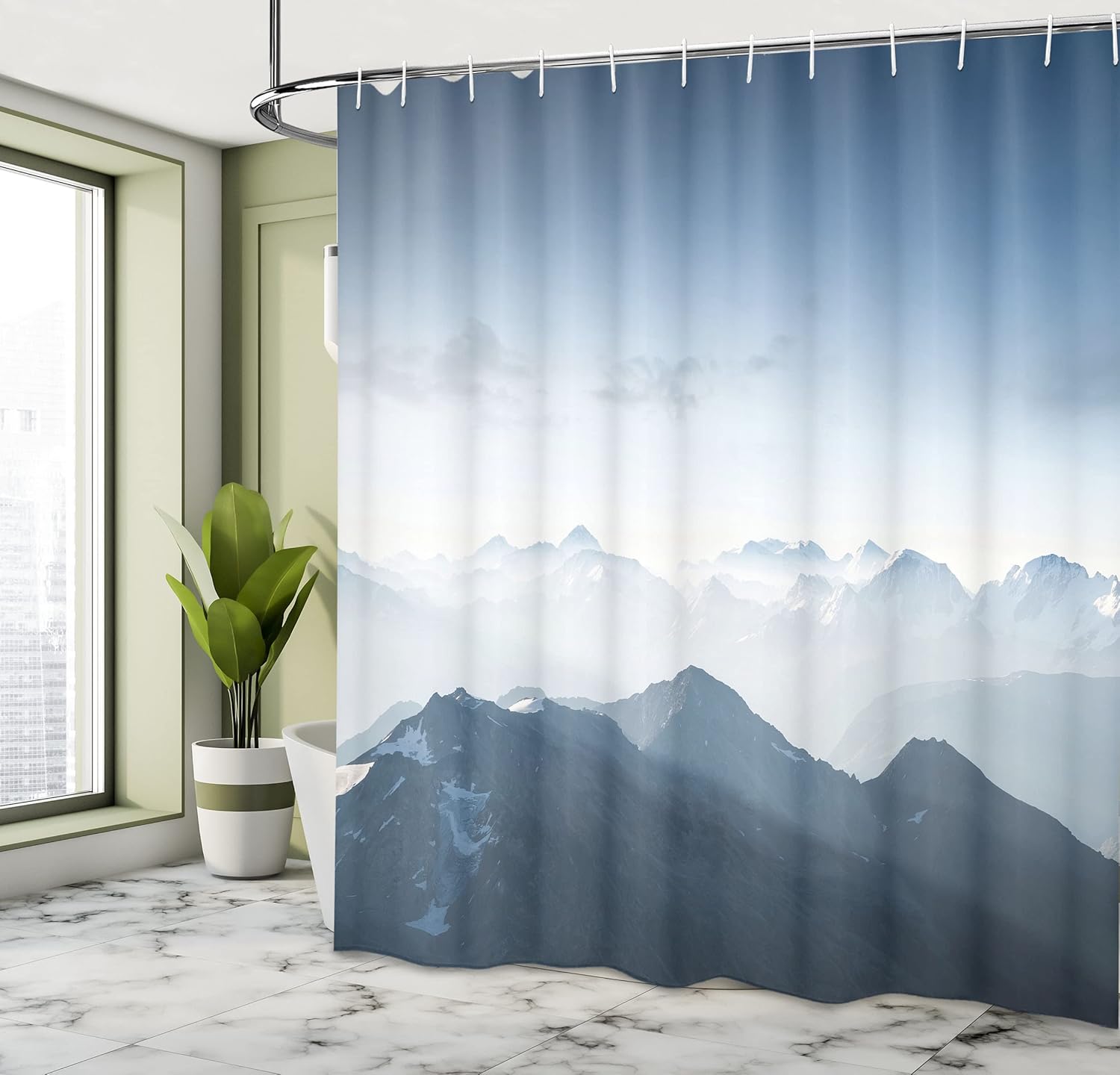 Ambesonne Mountain Shower Curtain, Foggy Scenic Morning in Rock Mountain Region in Northern Hiking Climbing Ice Photo, Cloth Fabric Bathroom Decor Set with Hooks, 69" W x 70" L, Pale Blue