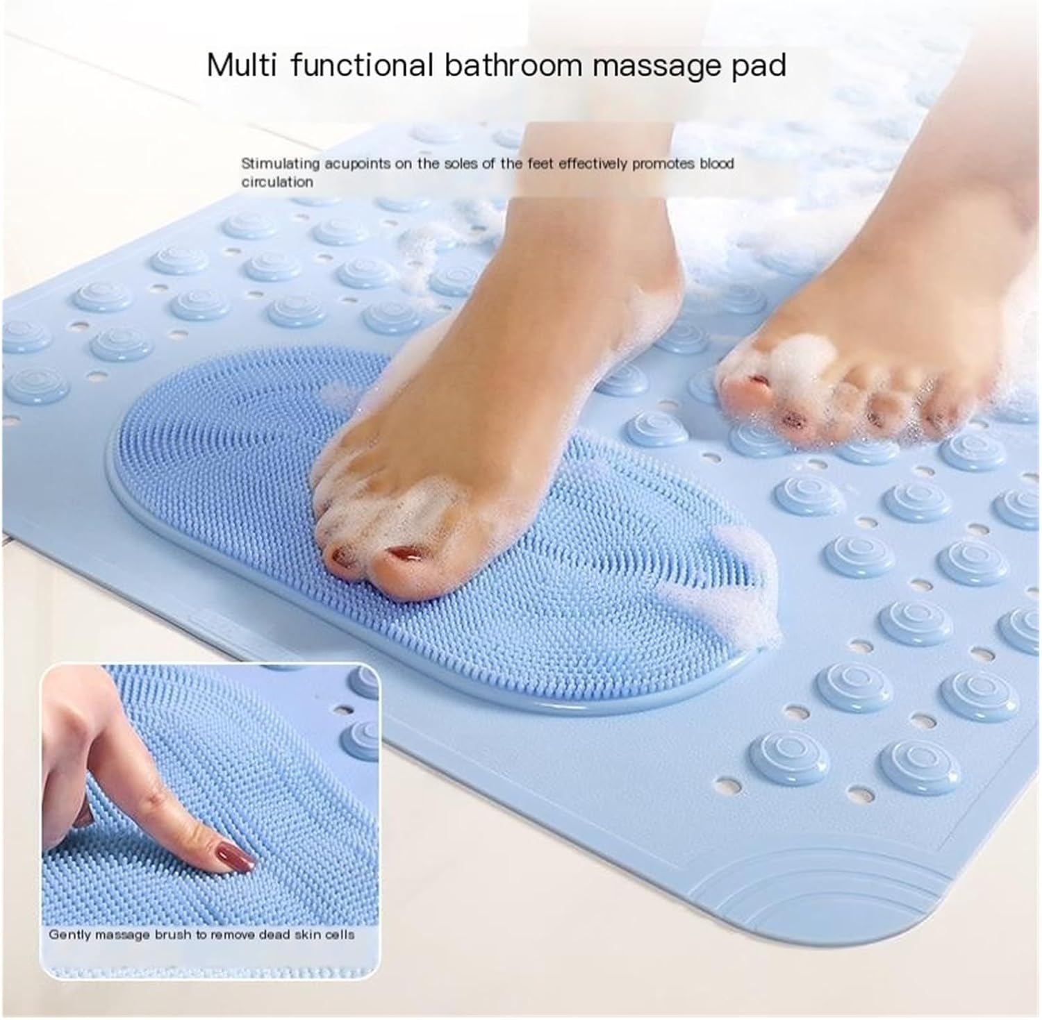 Non-Slip Bath Mat with Suction Cups – 19.7 X 31.5 Inch PVC Shower Mat with Exfoliating Foot Scrubber, Drain Holes & Massage Points, Anti-Slip Bathtub Mat for Seniors, Families, Spa, Blue/Green(Blue)