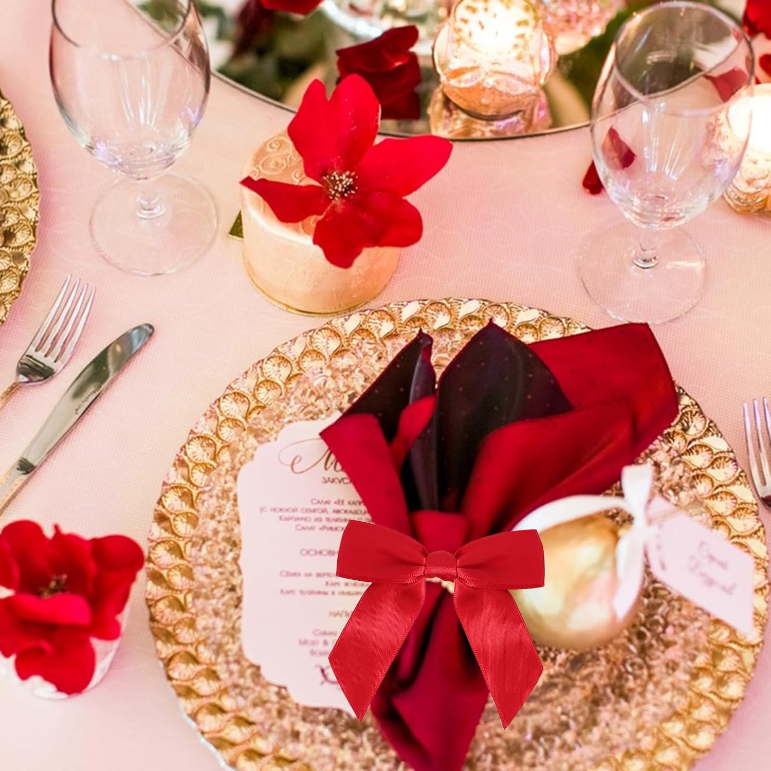 50pcs Red Twist Tie Bows, 3.5" Satin Ribbon Pre Tied Small Red Bows for Gifts Wrapping Treat Bags Candy Card, Little Red Bows for Crafts Wedding Bridal Baby Shower Birthday Christmas Tree Decorations - Image 6