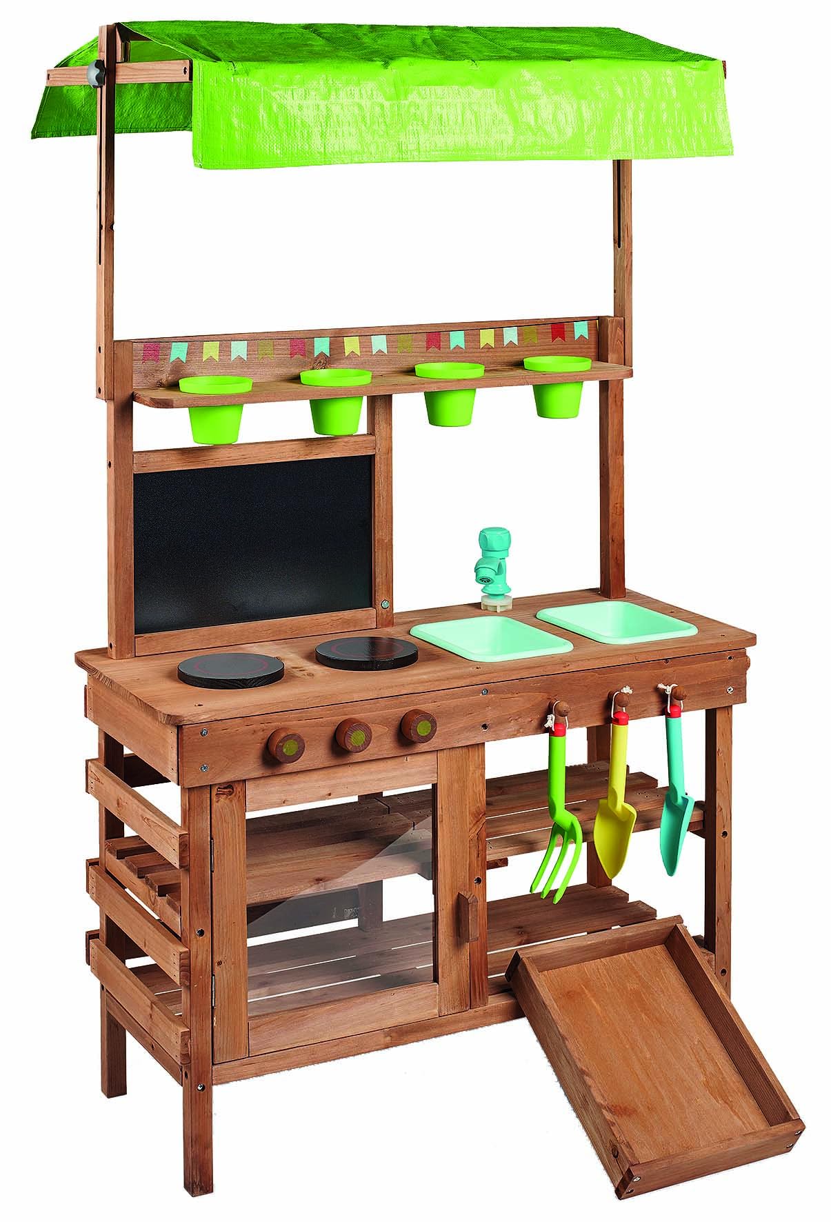 Matschküche Outdoor Küche Deluxe aus Holz Spielküche mit Wasserhahn Dach