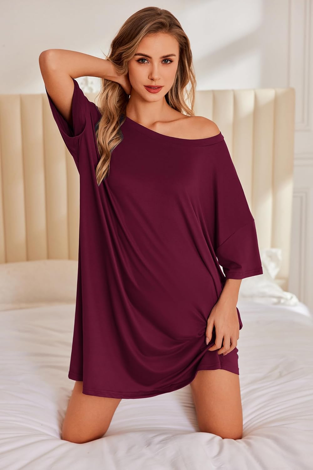 Ekouaer Plus Size Nightgowns for Women Bamboo Viscose Sleepshirts Short Sleeve Nightshirt Oversized Sleepwear Sleepdress - Image 2