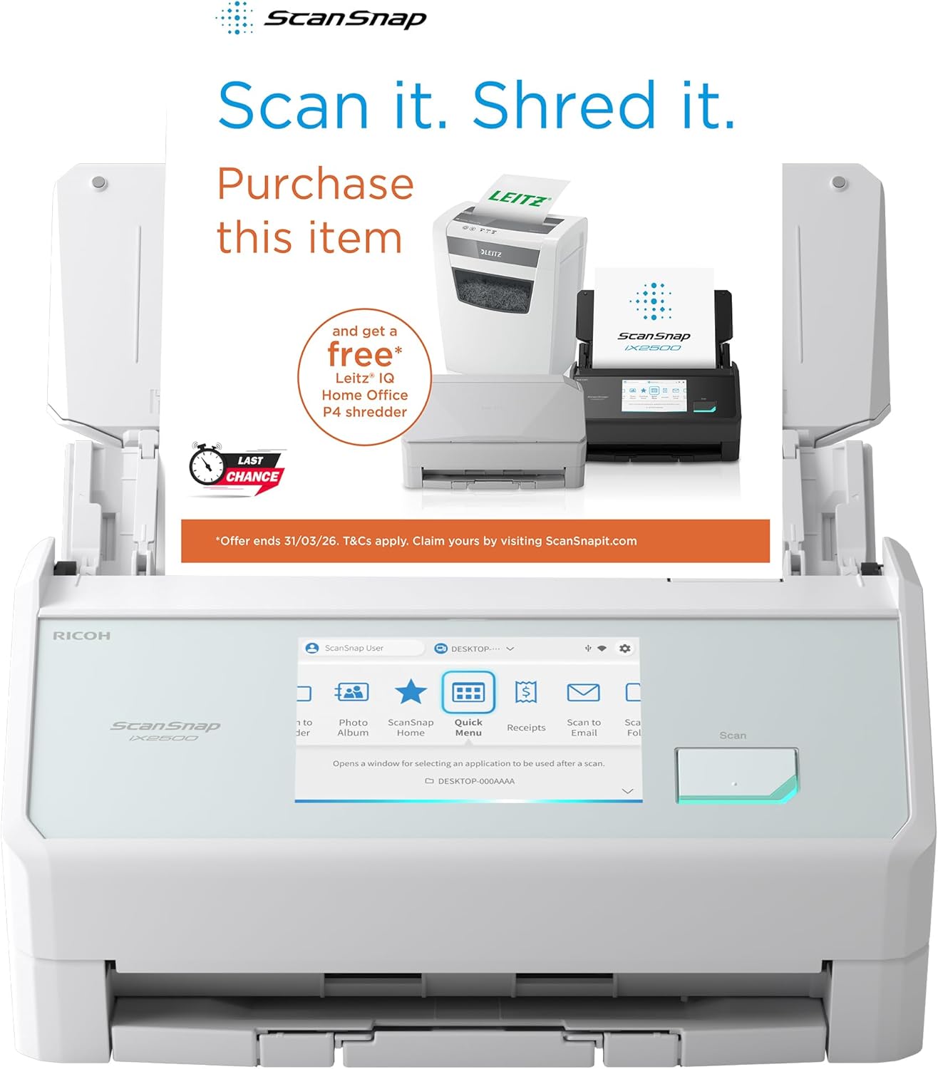 ScanSnap iX2500 Weiß – Ultraschneller Duplex-Scanner mit 45 S./Min.  100-Blatt-ADF  600 DPI  5″ Touchscreen  WLAN/Bluetooth/USB-Konnektivität