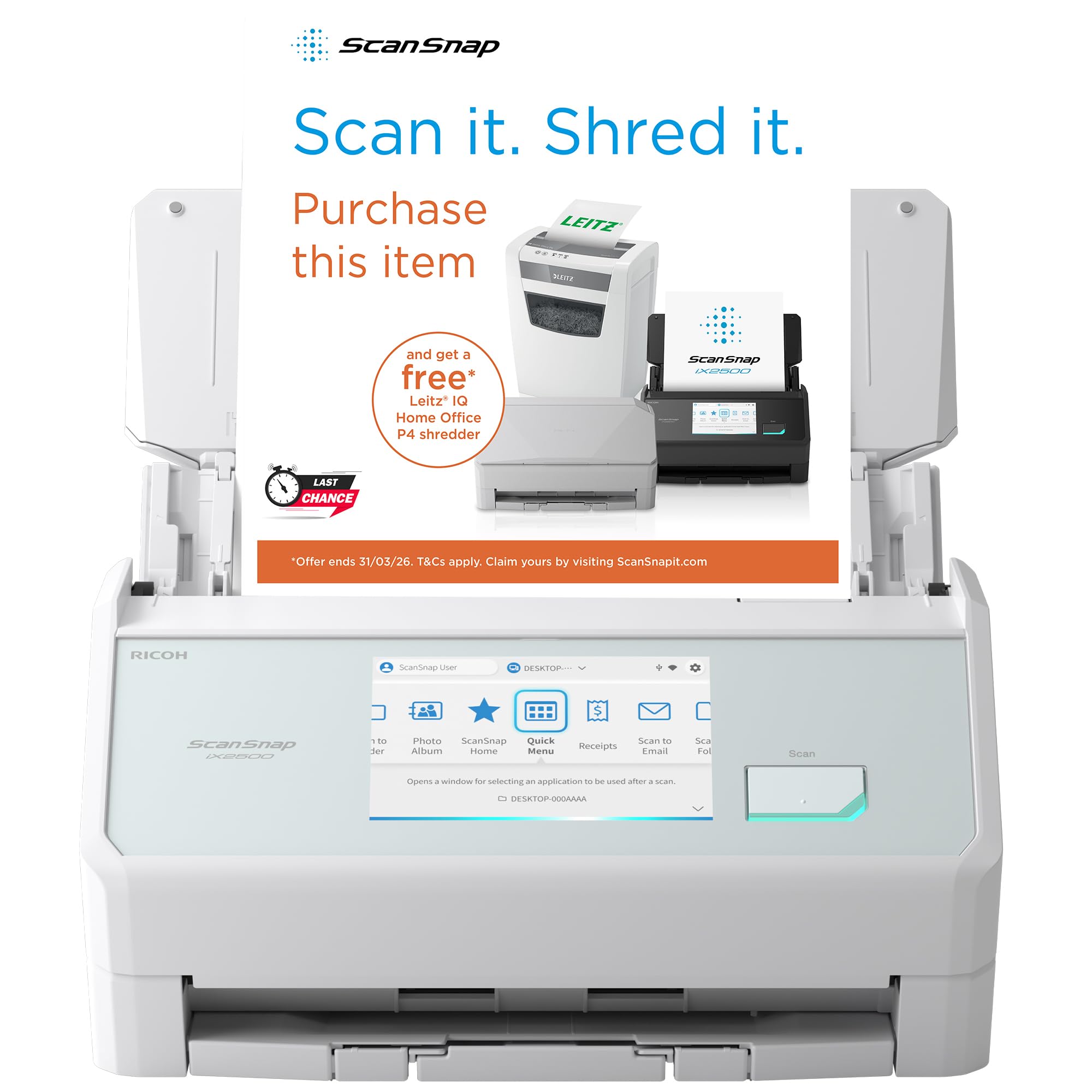 ScanSnap iX2500 Weiß Dokumentenscanner – Ultraschneller Duplex-Scanner mit 45 S./Min., 100-Blatt-ADF, 600 DPI, 5″ Touchscreen, WLAN/Bluetooth/USB-Konnektivität
