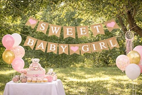 Miniatura 6 de Cartel de arpillera "Sweet Baby Girl" – Rústico "Dulce" y "Baby Girl" en banderas de arpillera natural (aprox. 5 x 7 pulgadas) Decoración de fiesta