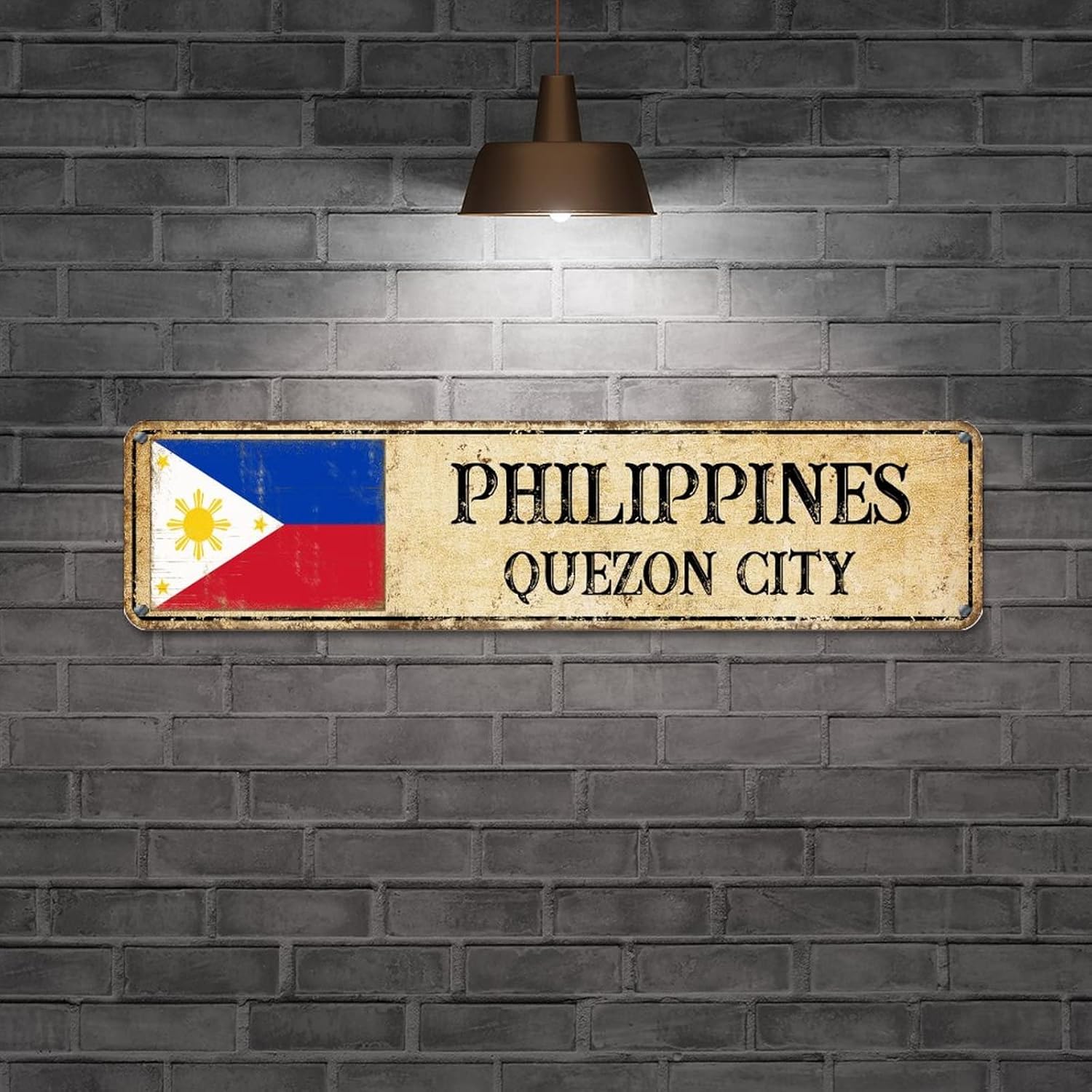 Personalized Quezon City Street Sign Philippines Flag Signs Capital Country City Souvenir Aluminum Metal Sign Vintage Indoor & Outdoor Decor for Home Man Cave Door Porch Garden Party 24x6in