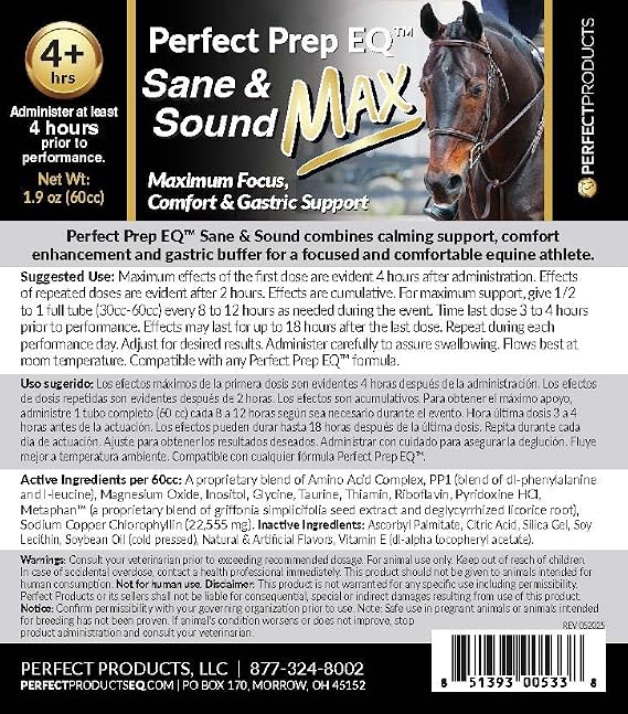Perfect Prep EQ Sane and Sound MAX Horse Calming Paste, Long-Acting, Max Strength Calming for Soundness and Anxiety, Show Safe, 60cc