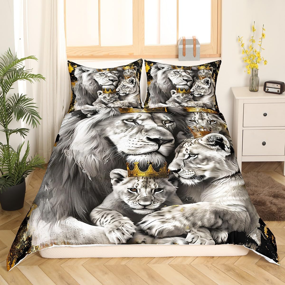 Lion Family Kids Duvet Cover Set Full Size,Gold King and Queen Crown Bedding Set,Boys Men Room Decor,Wild African Animal Hunting Adventure Comforter Cover,Grey Quilt Cover,2 Pillowcases(No Comforter)
