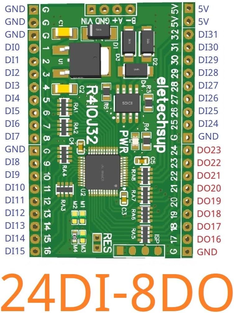 R4IOJ32 24DI-8DO pinout diagram showing GND, DI0-DI15, DI24-DI31, DO16-DO23, 5V, VIN, A+, B-