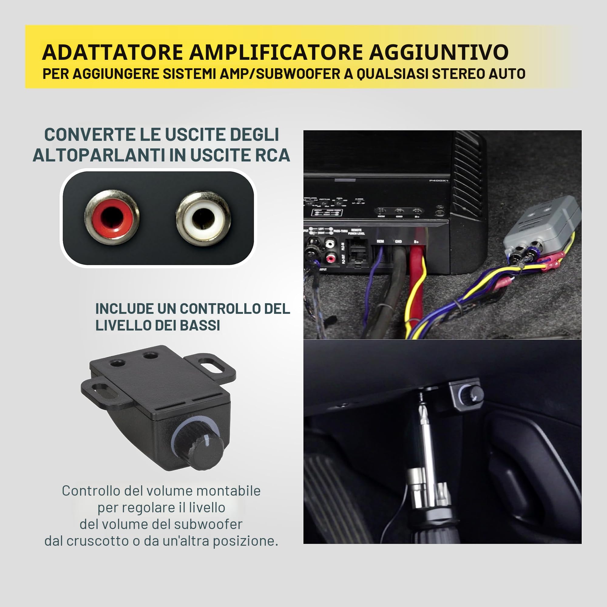Scosche LOC2SL - Convertitore di uscita di linea con manopola di controllo remoto, convertitore RCA alto/basso a 2 canali, ideale per amplificatore subwoofer, convertitore di livello di linea per