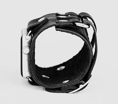 Miniatura 9 de wide Leather cuff band compatible with Apple watch 38mm 40mm 41mm 42mm 44mm 45mm 49mm, Handmade UA 1107 (black leather + steel + 5.7-6.5 in + 4445mm)