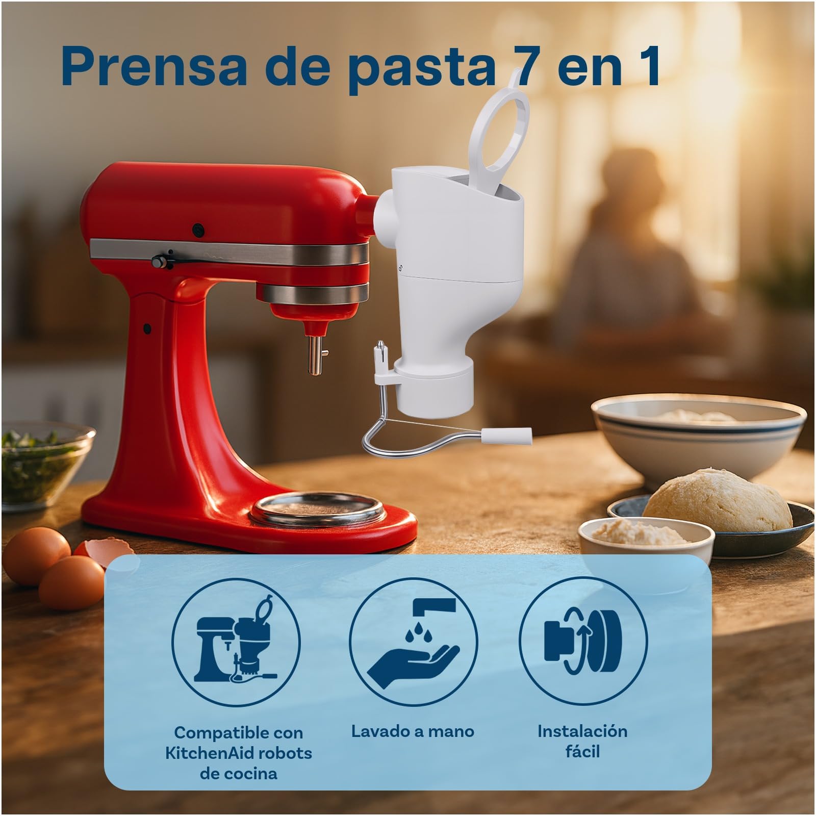 Accesorio Prensa de Pasta para KitchenAid Batidoras de MMOBIEL – Máquina para Hacer Pasta con 7-in-1 Placas Intercambiables para Fusilli, Rigatoni, Espagueti, Bucatini, Fettuccine y Macarrones