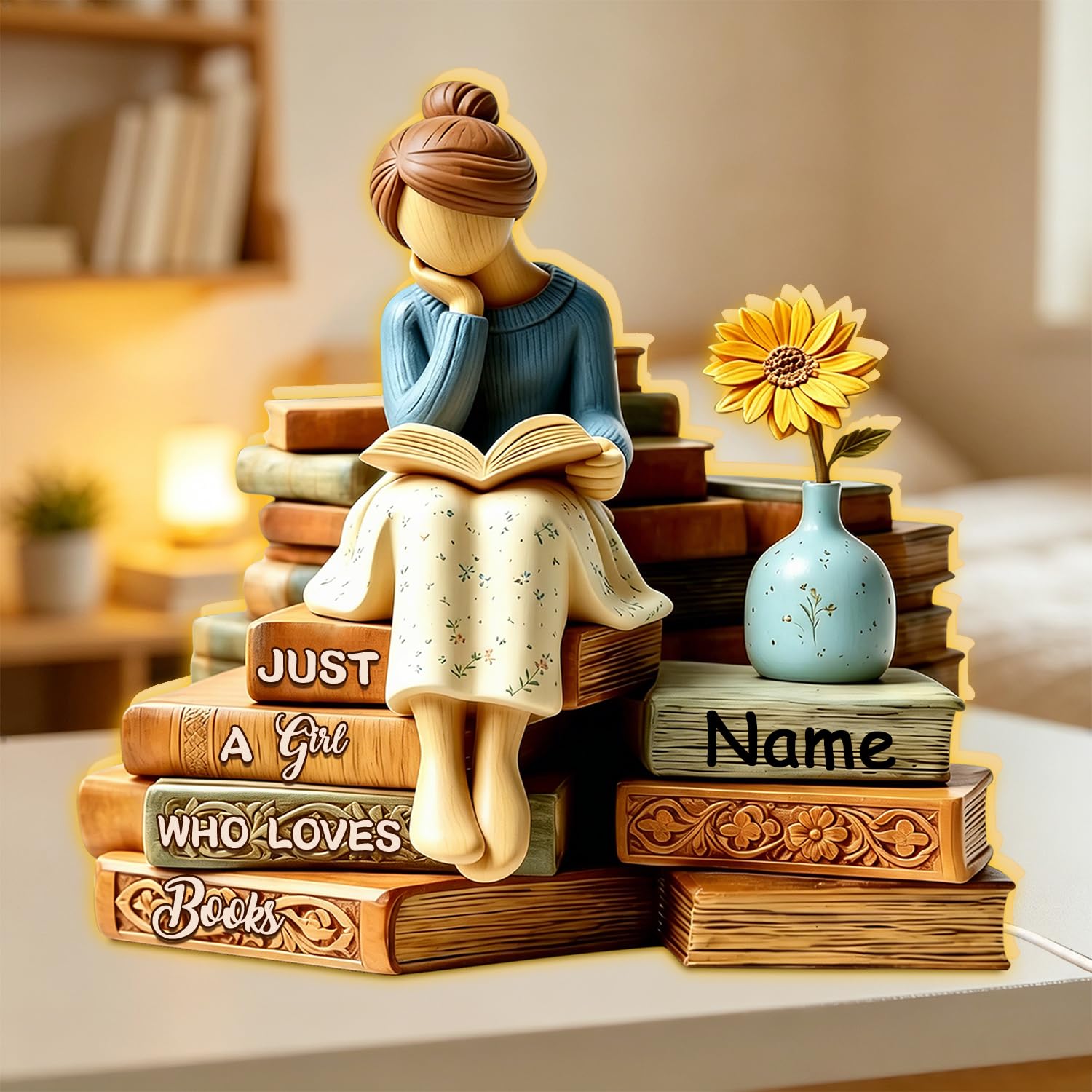 Personalized Just A Girl Who Loves Books Light Box, Custom Reading Book Lover LED Night Light Lamp Reading Gifts for Bookworm, Bookish, Book Reader, Librarians, Bookshelf Library Home Decor