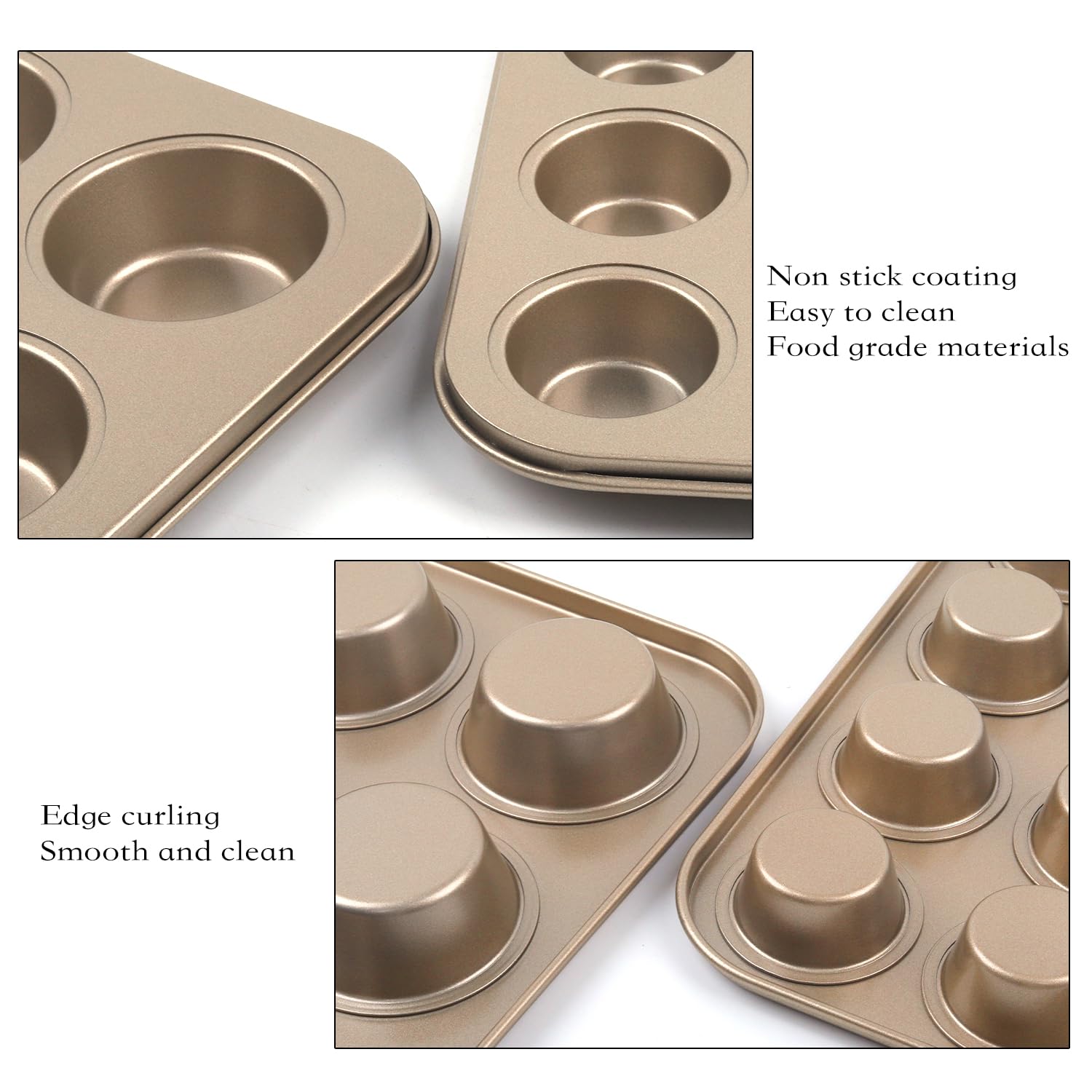 Nsmykhg Molde antiadherente para magdalenas, 4 paquetes de moldes antiadherentes para magdalenas, juego de mini moldes para cupcakes, 12 tazas y 24 tazas de acero al carbono dorado para hornear, molde