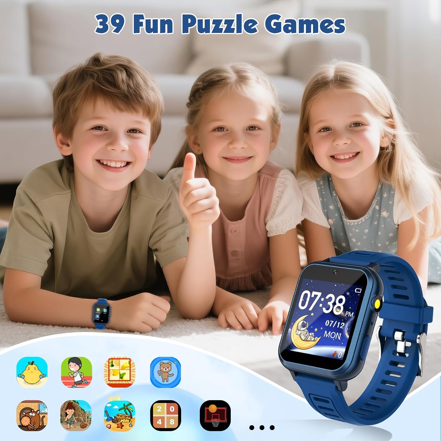 Smart Watch for Kids Game Watch with 39 Educational Games HD Camera, Habit Tracking, Music, Alarm Clock, Calculator, Calendar, Flashlight, Suitable for Children's Toys Aged 3-12 (Blue)