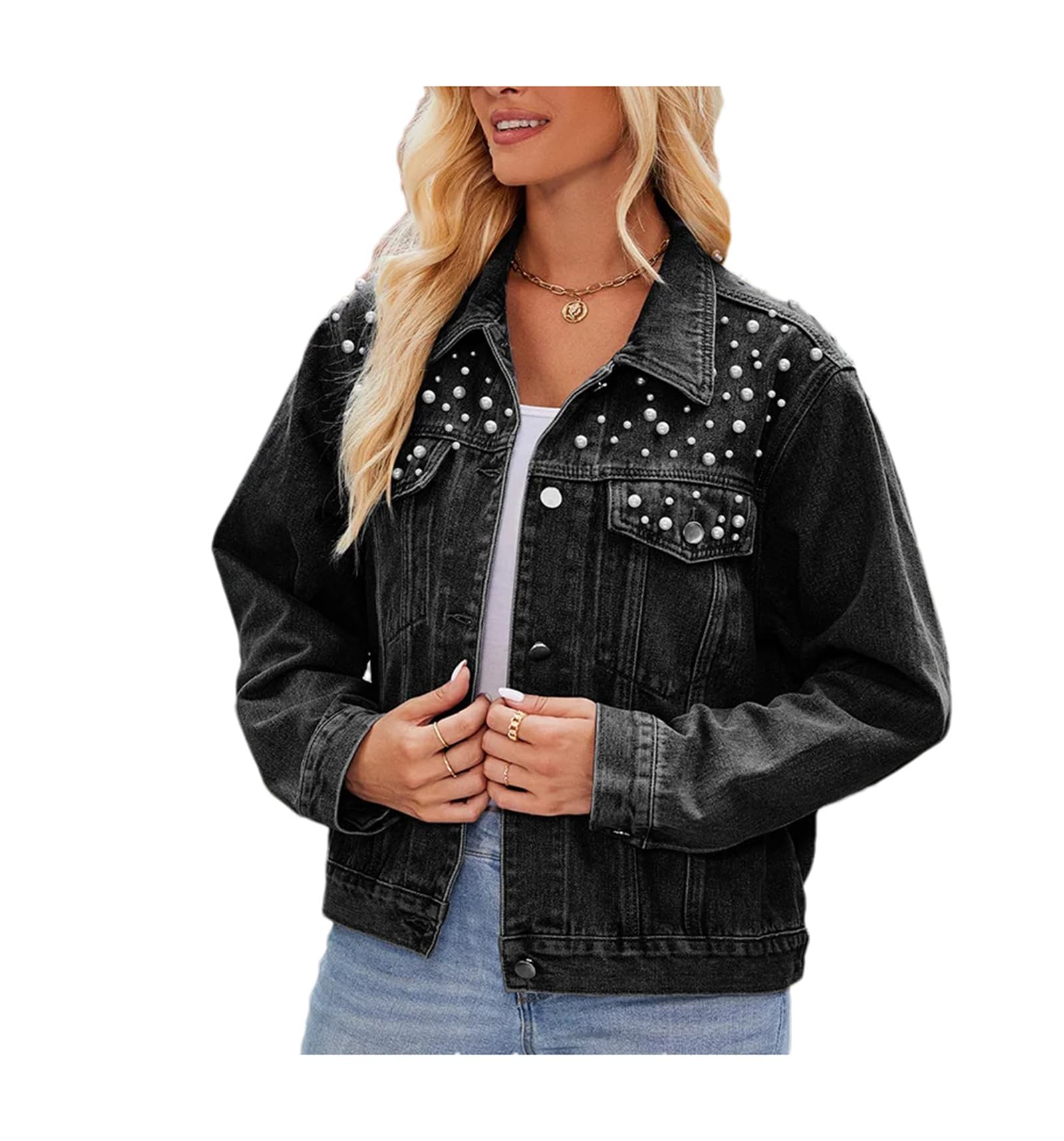 Amazon.com: Women Pearl Beaded Denim Jacket Autumn Streetwear