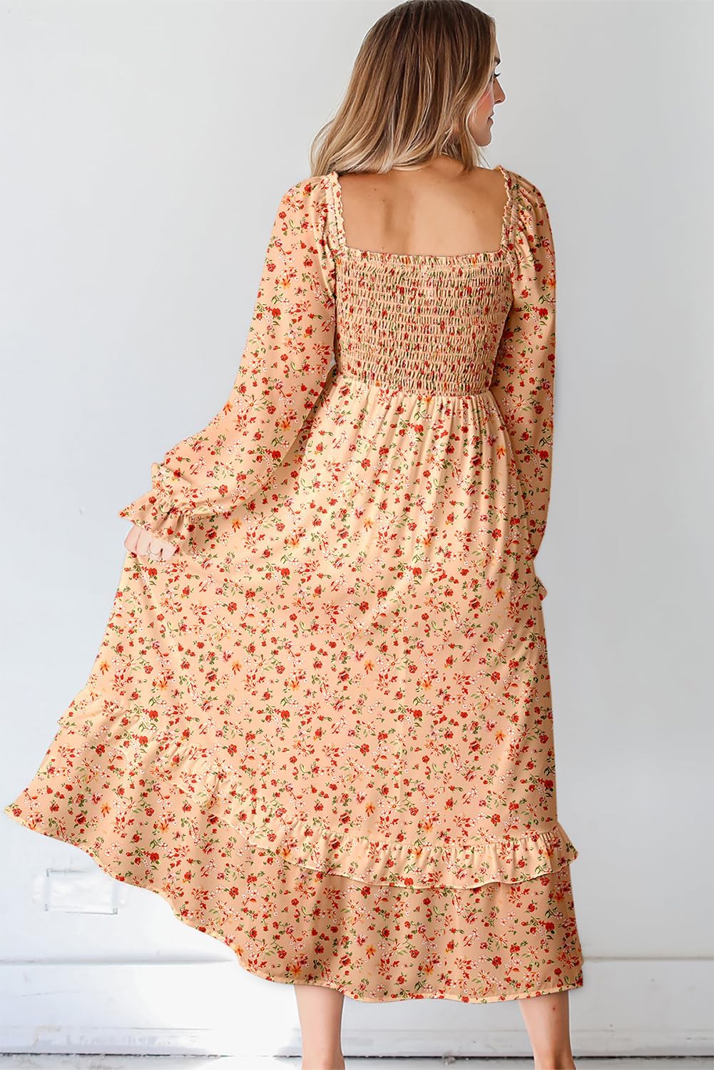 Dokotoo Boho Dresses for Women 2025 Casual Floral Square Neck Long Sleeve Smocked Elastic Waist Tiered Ruffle Hem Maxi Dress - Image 2