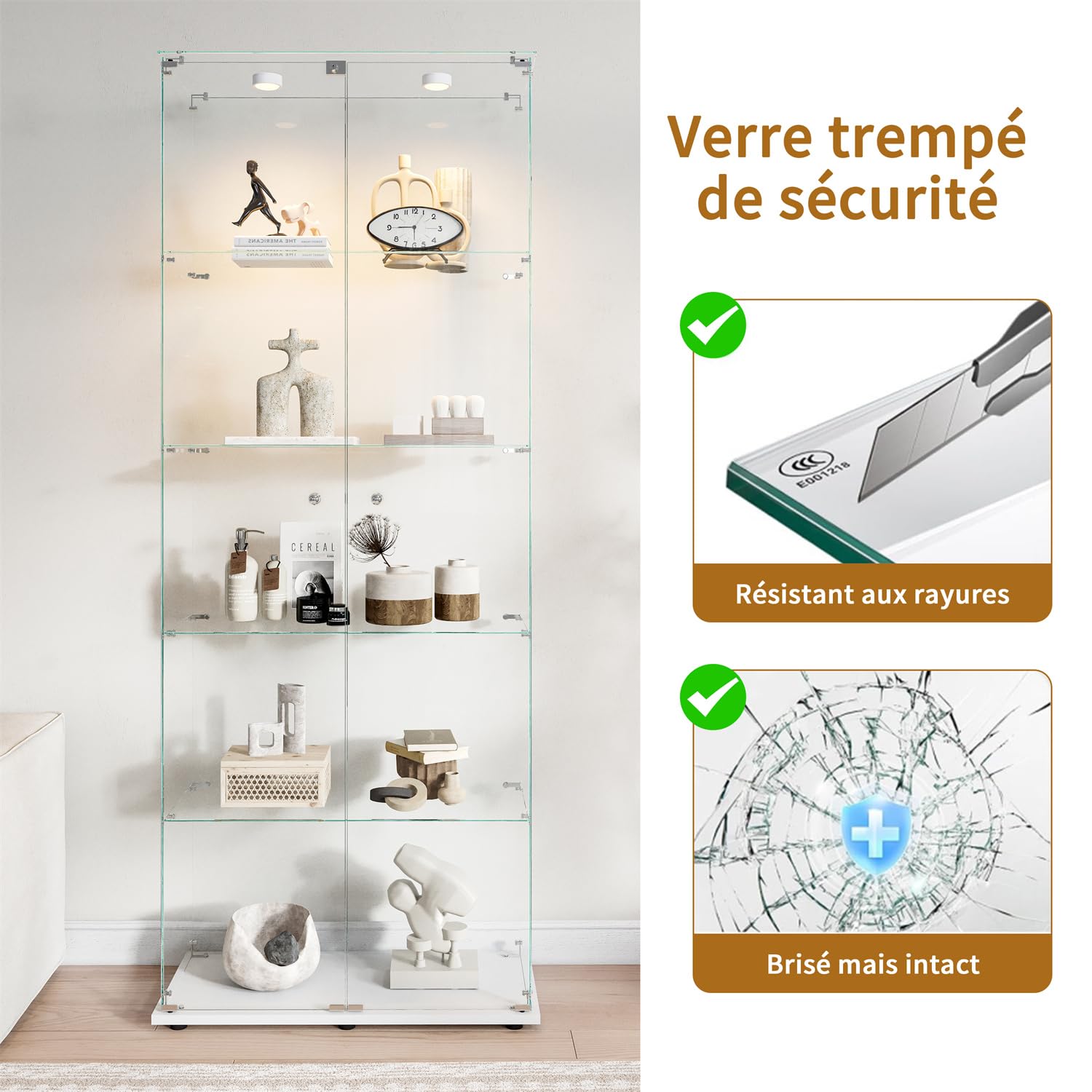 Vetrine in Vetro da Terra con LED,Vetrina Espositiva con 5 Ripiani in Vetro,Vetrinetta Soggiorno Moderna con 2 Porta e Serratura,Vetrina Espositore per Collezionismo,Libri,Vino,Bianco