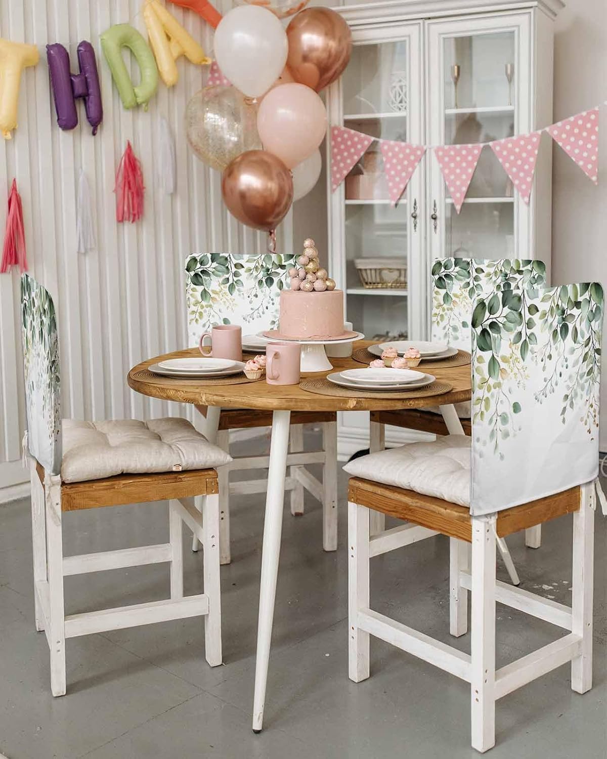 Eucalyptus Leaf Chair Covers Set of 4, Green Botanical Decorative Chair Back Cover, Weeping Leaf Summer Dining Room Chair Slipcovers Removable Chair Protectors Covers for Party Banquet