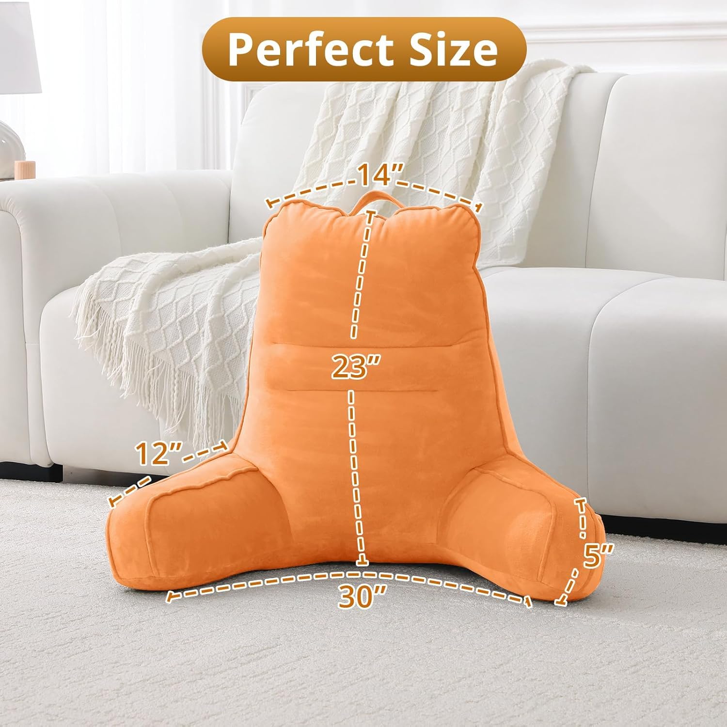 Sasttie Reading Pillow for Bed - 23 Inch, Back Pillow for Bed Sitting Up, Back-Rest Support Cushion with Side Pockets and Arms, Dorm Essentials, Oeko-Tex Certified, Orange