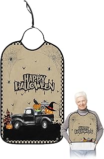 BOBOWUNY Halloween Adult Bibs for Elder Women Men Eating, Farmhouse Black Beige Plaid Truck Pumpkin Waterproof & Washable Bibs for Eating Clothing Protector Dining Bibs for Crumb Catcher