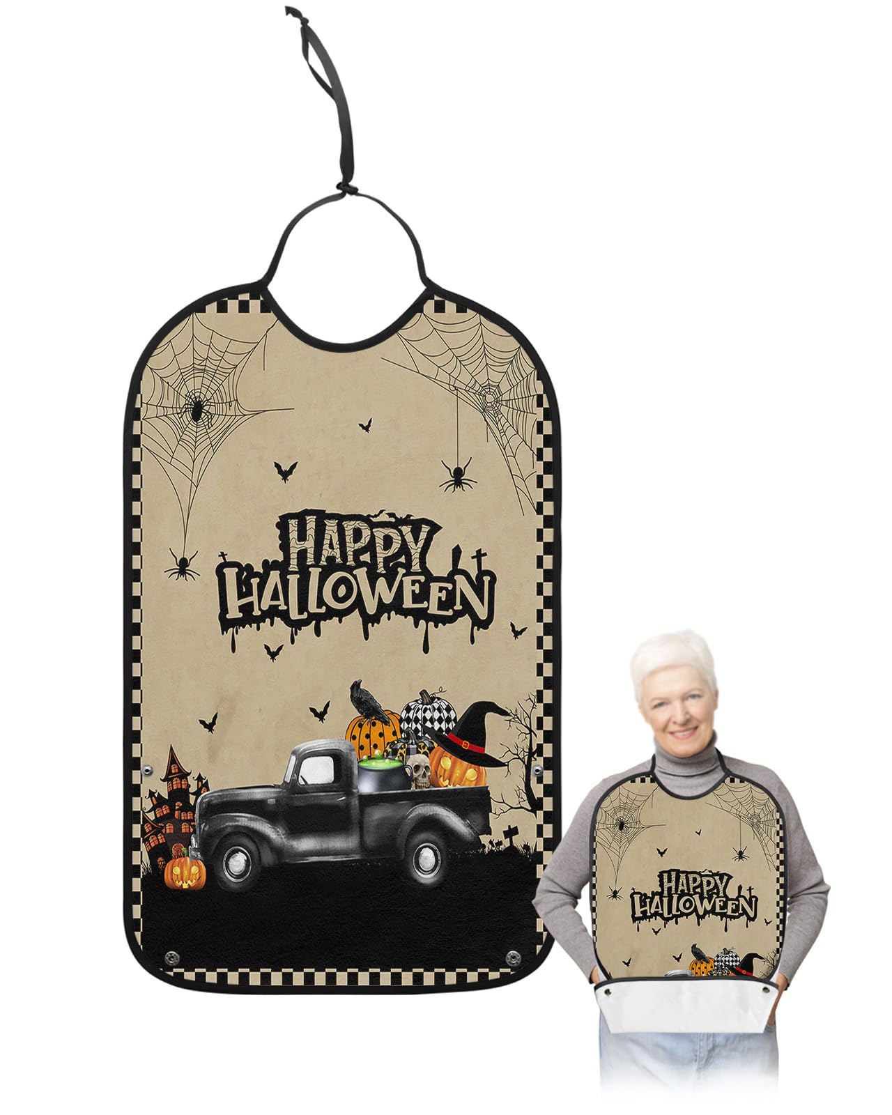 Halloween Adult Bibs for Eating, Waterproof Bibs with Food Catcher & Adjustable Snap Closure, Farmhouse Black Beige Plaid Truck Pumpkin Washable Clothing Protectors Adult Bibs for Elderly Women/Men