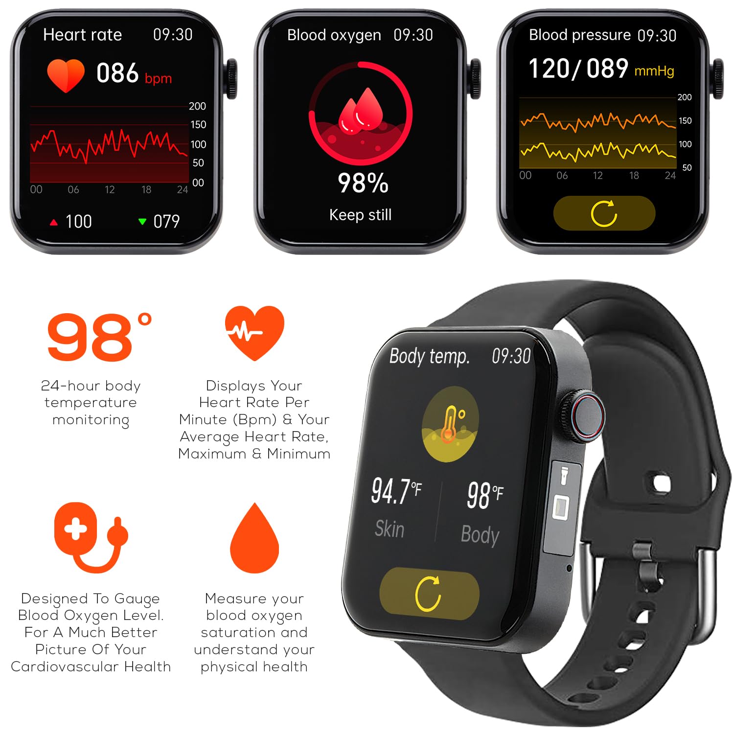 Life Watch Smart Heart Rate Blood Oxygen Body Temperature Sleep Monitor Fitness Steps Tracker Wireless Voice Call iOS & Android Compatibile IP67 Impermeabile 6 Modalità Sport Fitness & Flash Light-