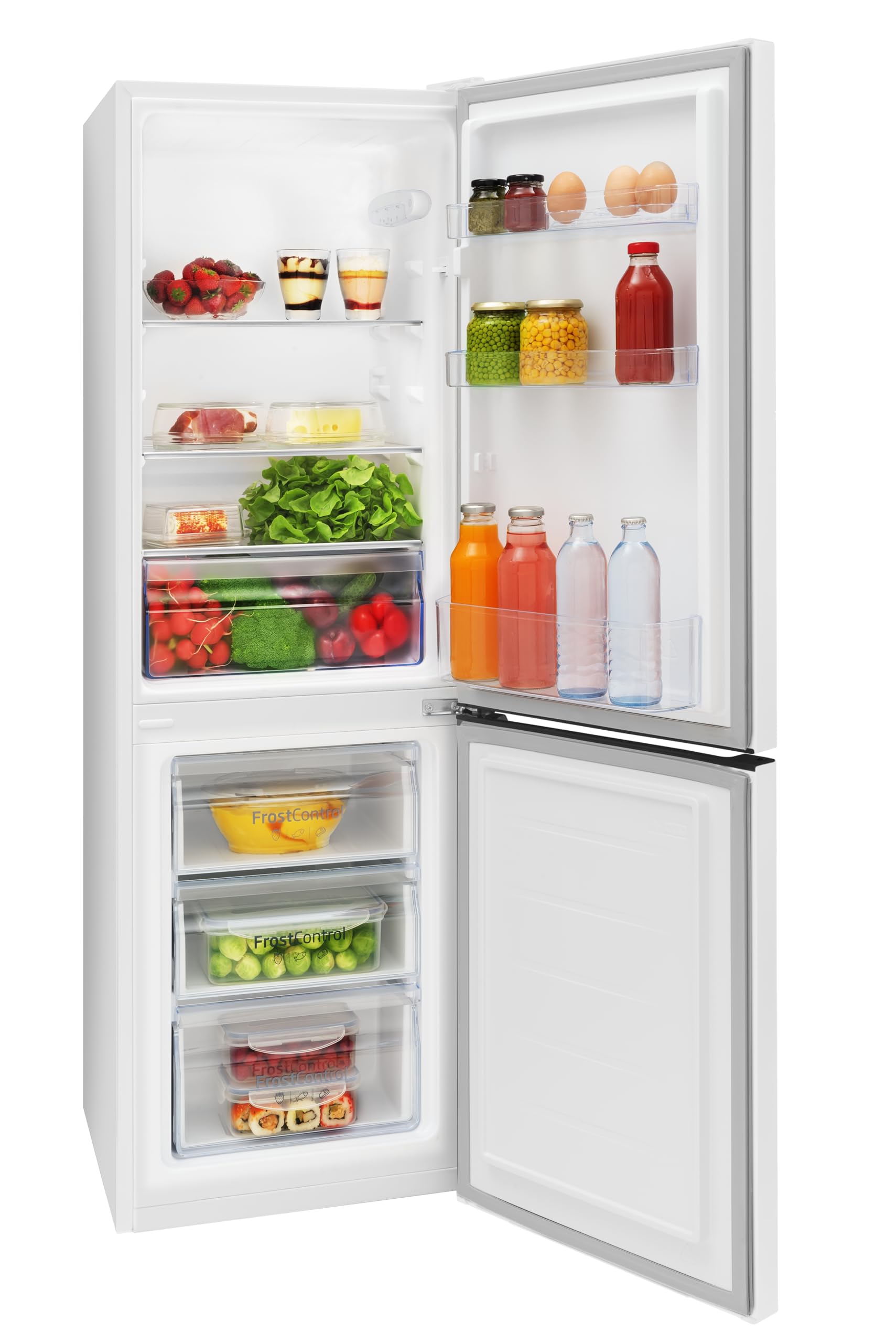 Amica Kühl‑Gefrierkombination freistehend 157 l FrostControl Superkühl und Supergefrierfunktion Sicherheitsglas LED‑Beleuchtung 144 x 47,4 x 49,5 cm – Kuehlschrank Freistehend Weiß