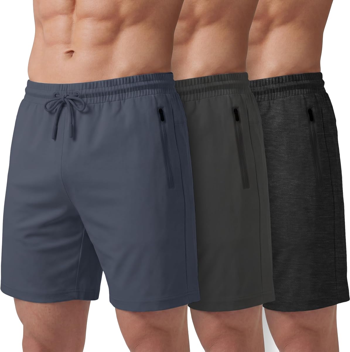 Athletic Shorts for Men 3 Pack Casual Shorts 8" Basketball Gym Shorts with Zipper Pockets Size Small- 3XL
