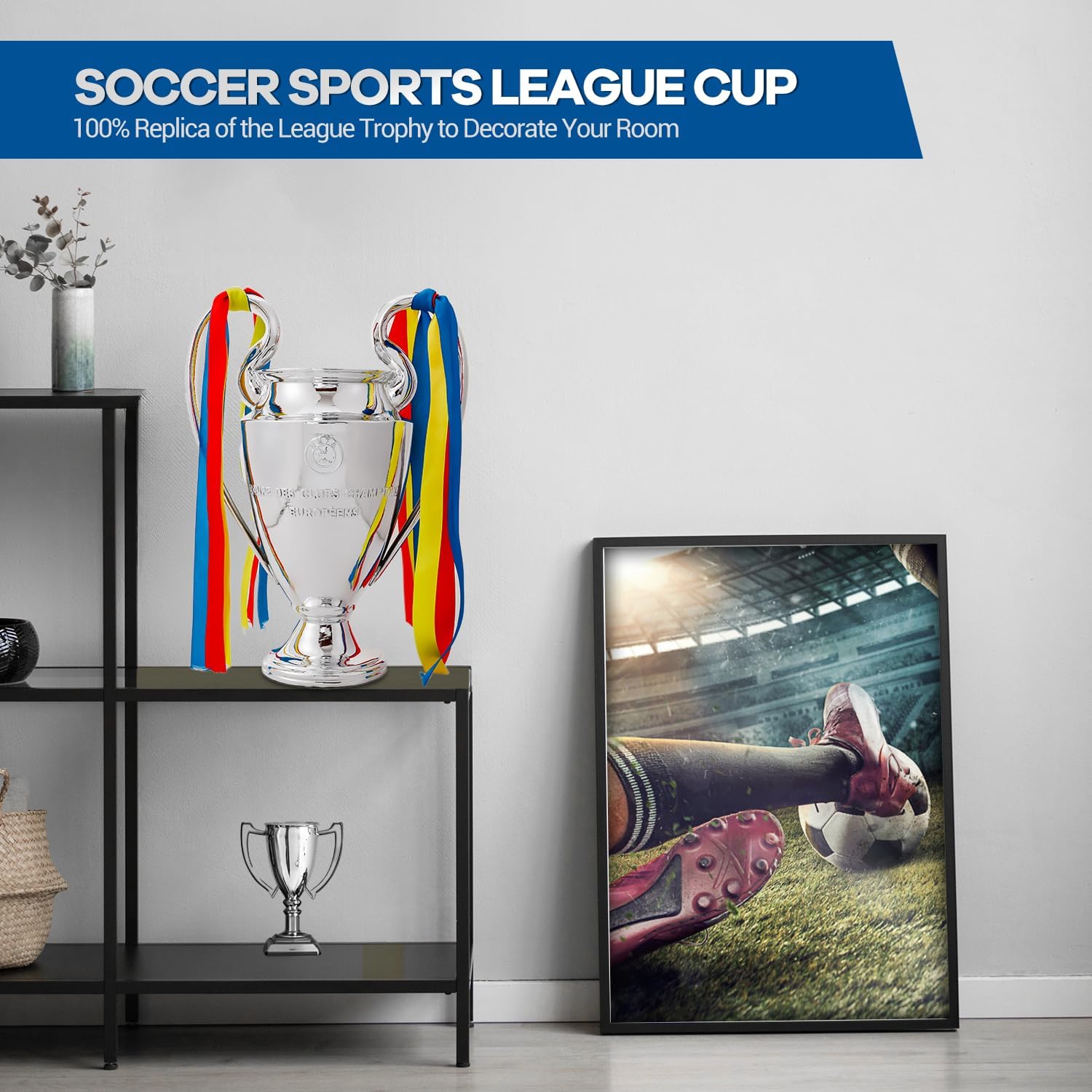 Champion Trophy, Sports League Cup, Champions League Replica, Resin Material, Medal, Keepsake Collection, Office Decoration Trophy, Chrome Plated Silver/Blue Ribbon
