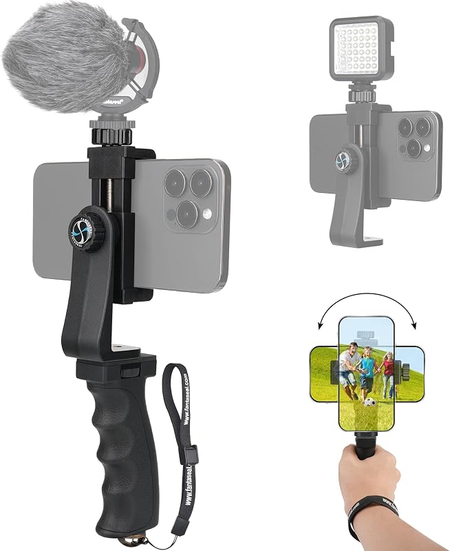 Ergonomic Smartphone Vlogging Hand Grip Stabilizer Holder Mount Video Kit | Landscape+Portrait Dual Mode, Anti-Falling Safety Strap,Mic/Light Adapter,Portable & Solid Selfie Stick for iPhone Samsung