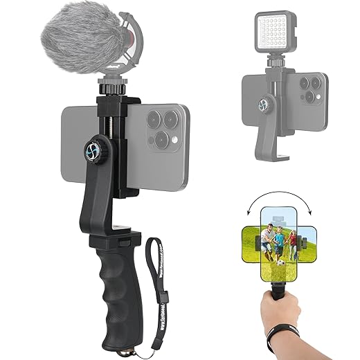 Ergonomic Anti-Falling Cell Phone Vlogging Hand Grip Stabilizer Smartphone Holder Rig Mount Video Kit w/Safety Strap Portable Selfie Stick for iPhone Samsung (Landscape+Portrait)-Mic/Light Adapter