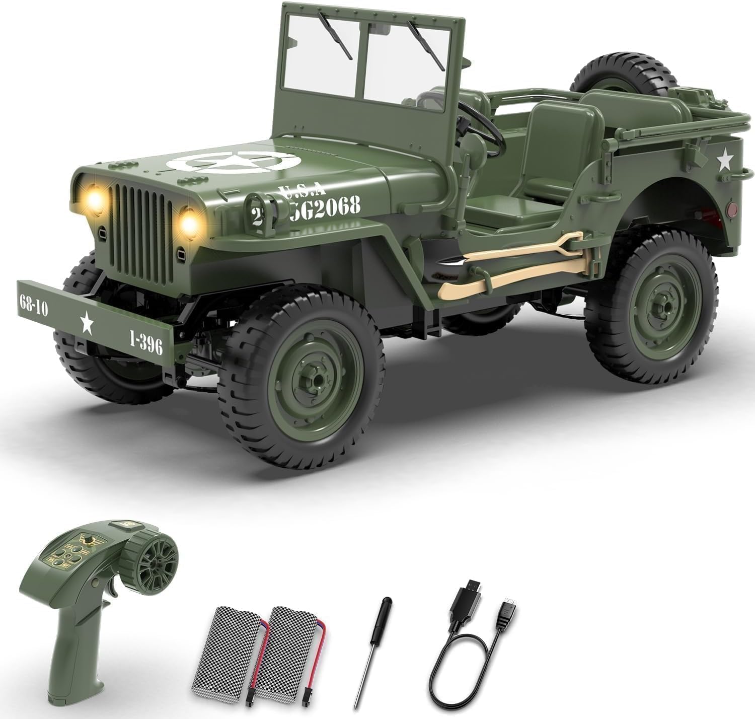 1/10 Willys MB Jeep RC Car 4WD Off Road Vehicle RTR Multifunctional Jeep Car 2.4GHz Military Truck 4x4 RC Crawler with Car Light Two Batteries