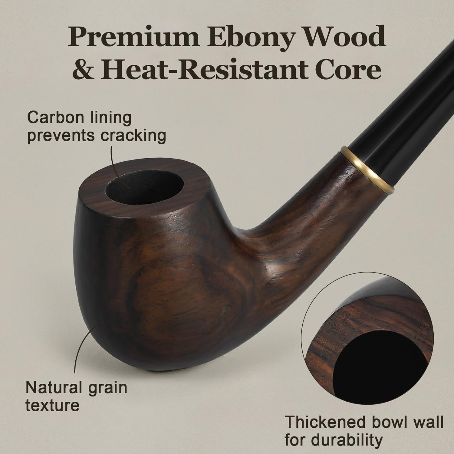 Joyoldelf Ebony Tobacco Pipe Set - Handmade Smoking Pipe with Replaceable Stem, Wood Pipe with Pipe Stand, 9mm Filter and Smoking Accessories, Pipe Starter Kit with Gift Box for Beginner