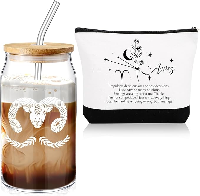 Sliner 2 Set Christmas Zodiac Gift for Women 16 oz Celestial Zodiac Signs Glass Cup with Lids Straws Horoscope Flower Sign Make up Bag 12 Constellations Thanksgiving Gift for Men Birthday(Aries)