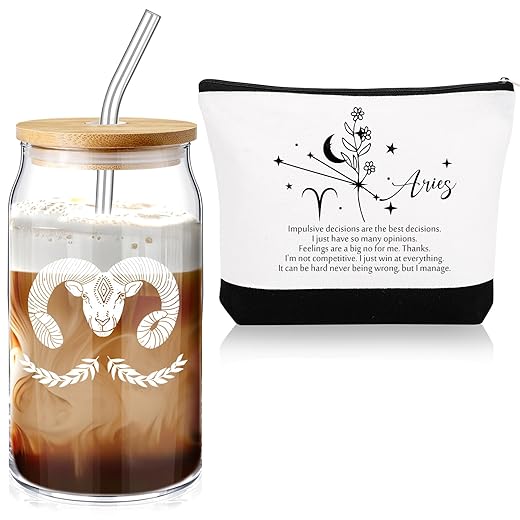 Sliner Set of 2 16 oz Celestial Zodiac Signs Birthday Gift for Women Glass Cup with Lids Straws Horoscope Zodiac Flower Sign Make up Bag Zodiac Gift Christmas Gift for Daughter Mom(Pisces)
