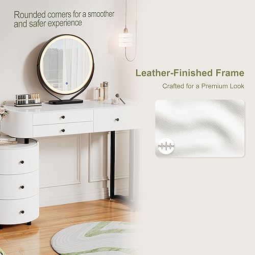 Miniatura 6 de Furnistar Escritorio de tocador con espejo redondo y luces Pequeño tocador de maquillaje con 6 cajones Tocador ajustable Mesa de maquillaje