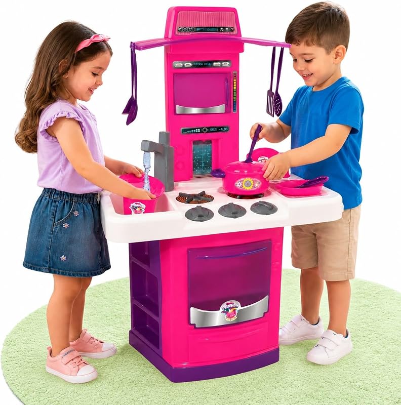 Cozinha Infantil 16 Peças Pia com Água Fogão Sonoro Rosa 69cm