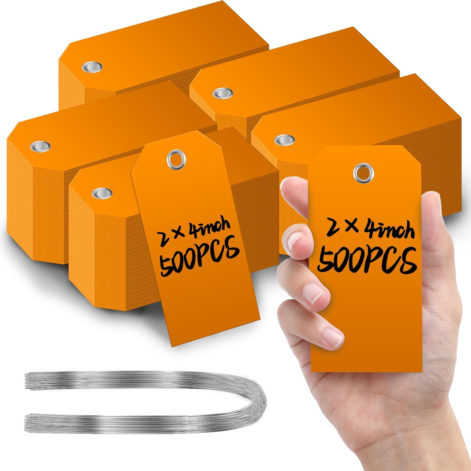 500 Pcs Large Plastic Shipping Tags with Wire Attached Heavy Duty Blank Waterproof Tags with String for Inventory Outdoor Labeling Equipment 4 3/4" x 2 3/8" (Orange)