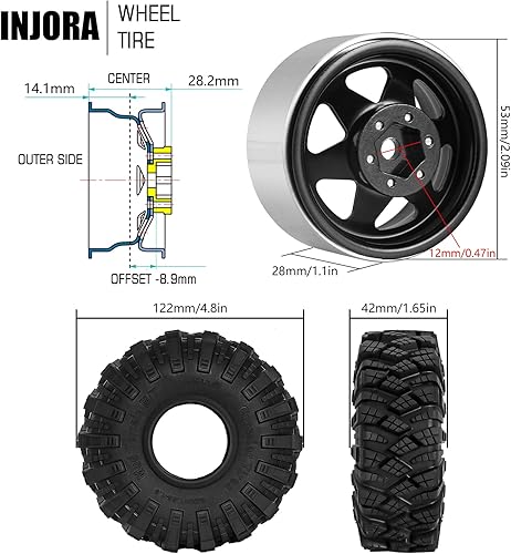 Miniatura 16 de INJORA Juego de neumáticos de barro 1.9 S5 Offset -0.350 in Beadlock llanta de rueda para 1/10 RC Crawler Car Axial SCX10 90046 UTB18 TRX4 SCX10 Pro